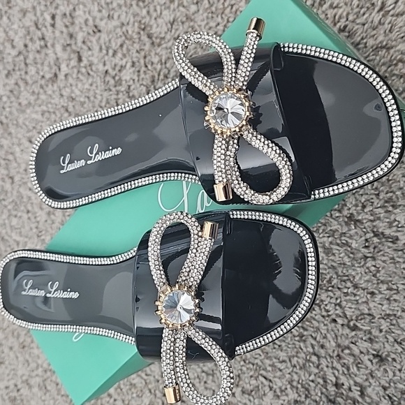 Lauren Lorraine Jelly Black Bling Bow Sandal Slides Size 6 NIB - Picture 1 of 5